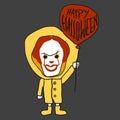 Scary clown with red balloon, Happy Halloween cartoon illustration Royalty Free Stock Photo