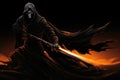 Scary grim reaper, creepy death monster demon Happy Halloween horror background.