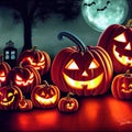 Scary creepy Happy Halloween pumpkins night scene background. 3D illustration. Royalty Free Stock Photo