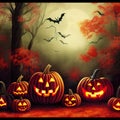 Scary creepy Happy Halloween pumpkins night background. 3D illustration. Royalty Free Stock Photo