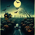 Scary creepy Happy Halloween pumpkins night scene background. 3D illustration. Royalty Free Stock Photo