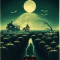 Scary creepy Happy Halloween pumpkins night scene background. 3D illustration. Royalty Free Stock Photo