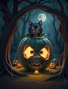 scary but cute wolf and pumpkin characters in the forest with a Helloween theme. generative AI. Generet Ai. Royalty Free Stock Photo