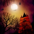 Scary dark forest and castle at full moon