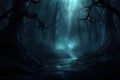 Scary dark forest with fog and lights, 3d render illustration, AI Generated Royalty Free Stock Photo