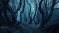 Scary dark forest in mist, spooky woods with foggy trees and path. Gloomy fairy tale landscape in haunted world. Concept of Royalty Free Stock Photo