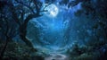 Scary dark forest at night, magical spooky woods with path, lights and moon. Gloomy landscape in fairy tale world. Concept of Royalty Free Stock Photo