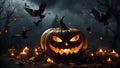 Scary dark halloween background, pumpkins candles and crows Royalty Free Stock Photo