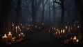 Scary dark halloween background, pumpkins candles and crows, scary forest