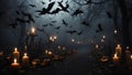 Scary dark halloween background, pumpkins candles and crows, scary forest