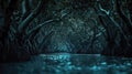 Scary dark tropical forest at night, spooky woods with mangrove trees in water, gloomy fairy tale jungle. Concept of nature, Royalty Free Stock Photo