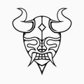 scary demon mask illustration with line art style. black and white. horns and fangs Royalty Free Stock Photo