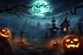 Scary devil pumpkin and flying bats. Spooky Night Halloween background