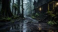 Scary Empty Mud Road At Night Time With Street Lights in Village Blurry Background Royalty Free Stock Photo