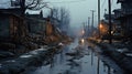 Scary Empty Mud Road At Night Time With Street Lights in Village Blurry Background Royalty Free Stock Photo