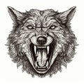 Scary evil angry predatory wolf head grinning teeth, portrait black and white drawing,