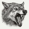 Scary evil angry predatory wolf head grinning teeth, portrait black and white drawing, engraving style,
