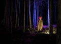 a scary evil clown wearing a dirty costume in the woods at night Royalty Free Stock Photo