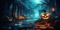 Scary evil pumpkins and bats in dark haunted town on Halloween night Royalty Free Stock Photo