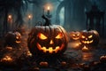 Scary evil pumpkins lanterns and candles on spooky Halloween night Royalty Free Stock Photo