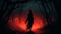 Scary evil spirit haunts the foggy woods at midnight - dangerous undead ghostly apparition in form of female silhouette -