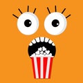 Scary face emotions boo Popcorn. Cinema icon in flat design style. Movie background