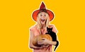 Scary face Housekeeper. Advertisement Halloween concept with isolated stickers. Housewife Witch with Pumpkin. Scary face