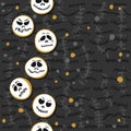 Scary faces Halloween vertical seamless border on dark