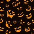 Scary faces pattern. Seamless print of Halloween pumpkin carving face with scary angry eyes and smiling mouth with teeth