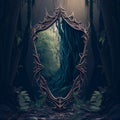 scary fantastic landscape, mirror in magical fantasy forest with reflection