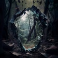 scary fantastic landscape, mirror in magical fantasy forest with reflection