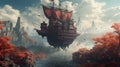 Scary Fantasy landscape with flying ship. Generative AI Royalty Free Stock Photo