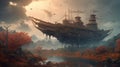 Scary Fantasy landscape with flying ship. Generative AI Royalty Free Stock Photo