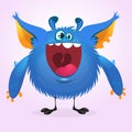 Scary fat cartoon monster gremlin with a big mouth waving hand. Halloween vector illustration