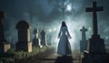 Scary figure in white dress with red eyes walking in foggy cemetery at night Royalty Free Stock Photo
