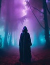 Scary forest with fog, human ghostly silhouette in a hooded cloak, spooky dark woods, mystic light, Halloween Royalty Free Stock Photo