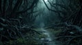 Scary forest at night, dry crooked trees and path in dark fairytale wood, generative AI