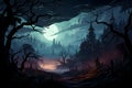 Scary Forest Scene with a Moon, Dark Clouds, Haunted Houses, Flying Owls and Gnarled Trees. Halloween Background. Generative AI Royalty Free Stock Photo