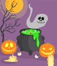 Scary and funny faces of Halloween pumpkin or ghost. vector collection. Cauldron with potion Royalty Free Stock Photo