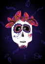 Scary and funny illustration of skull for Halloween and Dia de muerte on black background