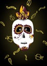 Scary and funny illustration of skull for Halloween and Dia de muerte on black background