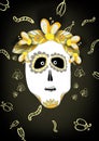 Scary and funny illustration of skull for Halloween and Dia de muerte on black background