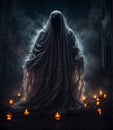 A scary ghost in a white robe at cemetery on Halloween night Royalty Free Stock Photo