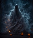 A scary ghost in a white robe at cemetery on Halloween night Royalty Free Stock Photo