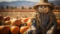 Halloween scarecrow figure sitting amongst the country pumpkin patch - generative AI