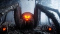 Scary gigant spider in fog night forest. Fear and horror. Mistic and halloween concept. 3d rendering.