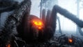 Scary gigant spider in fog night forest. Fear and horror. Mistic and halloween concept. 3d rendering.