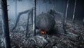 Scary gigant spider in fog night forest. Fear and horror. Mistic and halloween concept. 3d rendering.