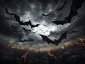 Scary gloomy dark sky with clouds and black Halloween bats