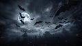 Scary gloomy dark sky with clouds and black Halloween bats